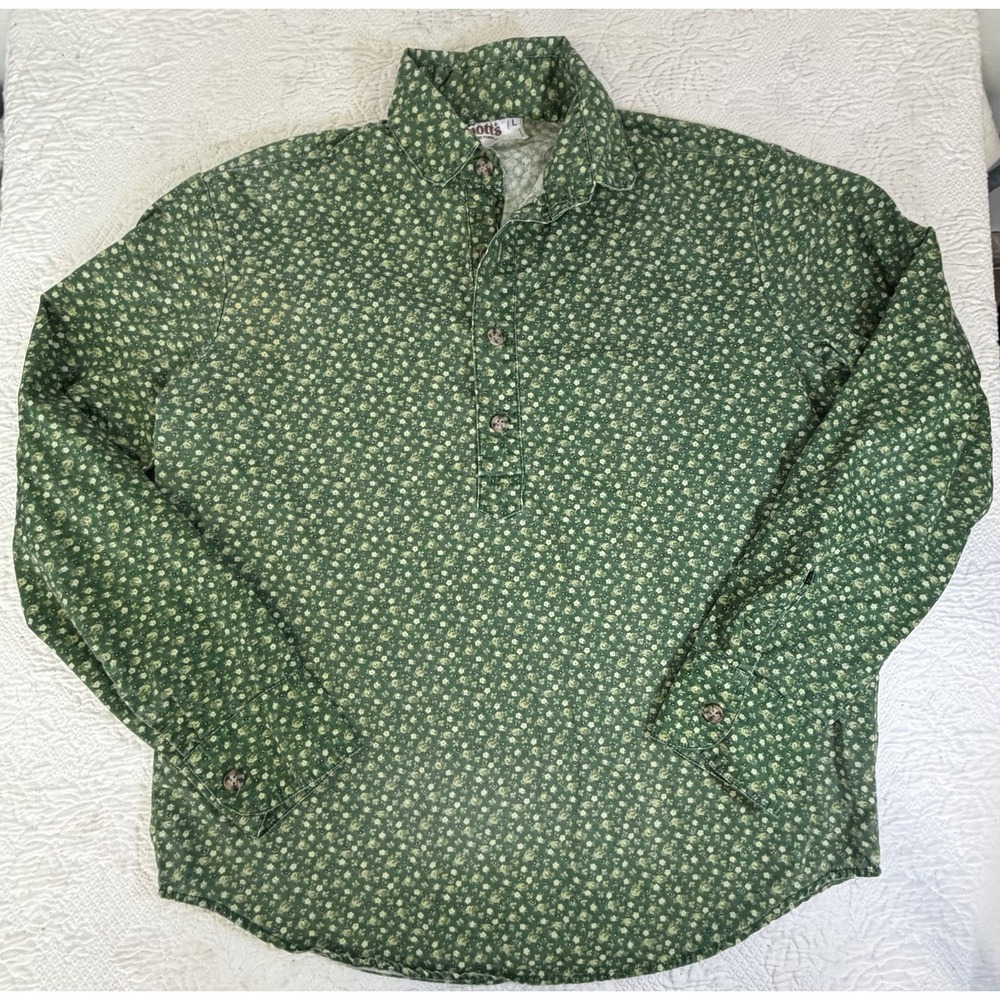 VTG Knott's Berry Farm Men's L Employee Popover Shirt Ditsy Floral Green 70s 80s